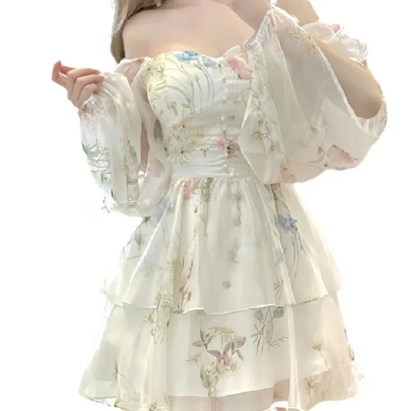 Japan Korean Elegant Sweet Floral Mini Dress Chiffon Long Sleeve Evening Party Dress Women Beach Boho Fairy Dress Y2k