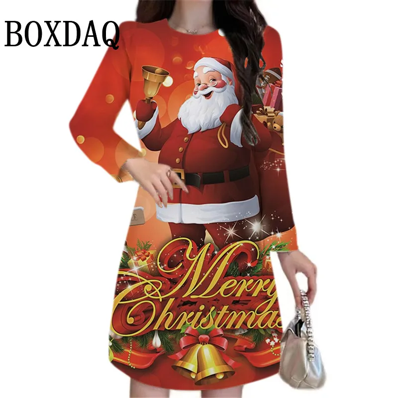 Christmas Graphic Women Dresses For Winter 3D Santa Claus Printing Party A-Line Dress Funny Streetwear Casual Long Sleeve Dress