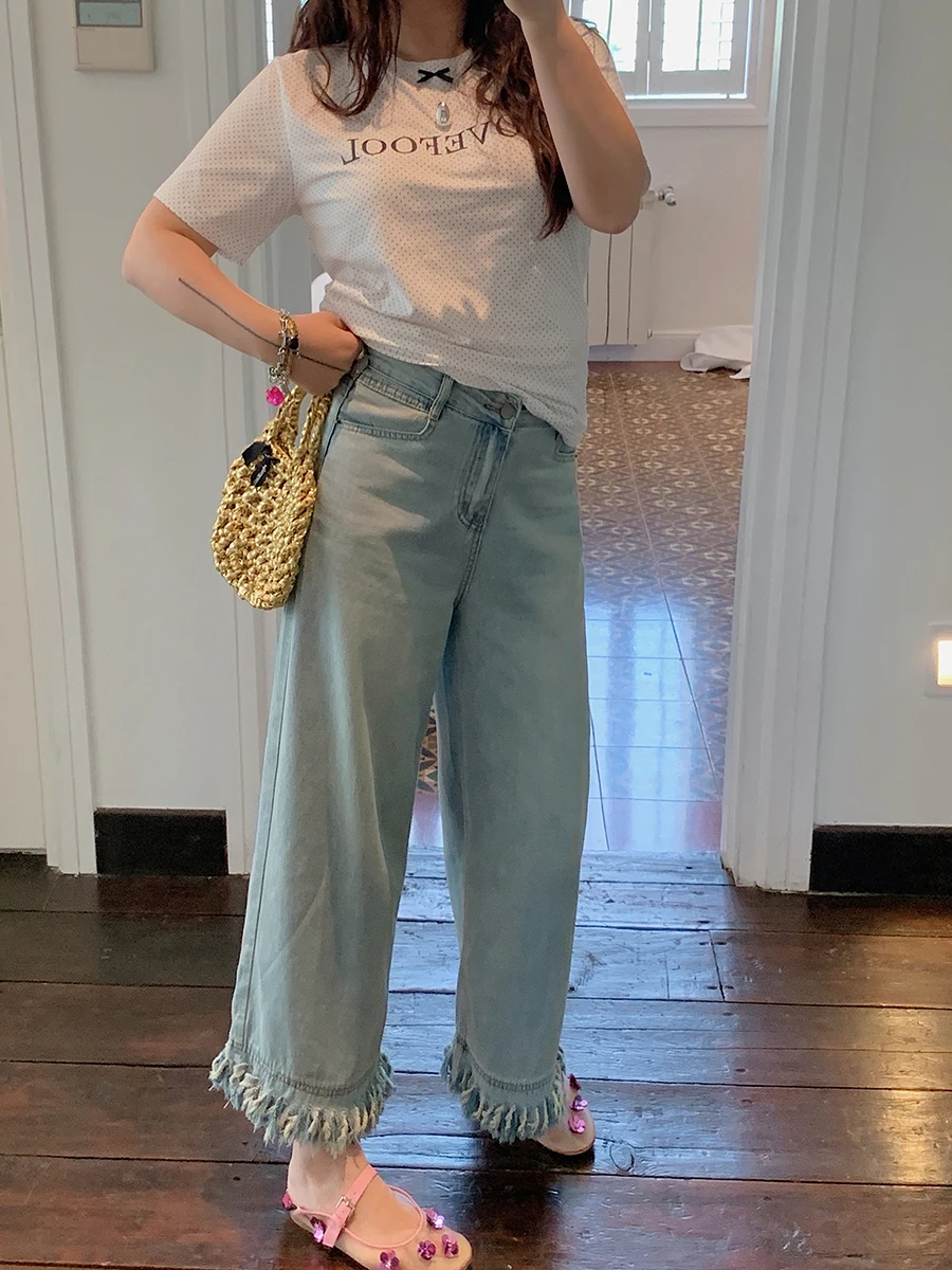 

Женские летние джинсы Dazi 2025: свободные, широкие, с высокой талией, синие, из денима, с эффектом потертости, укороченные (7/8), больших размеров, стройнящие брюки