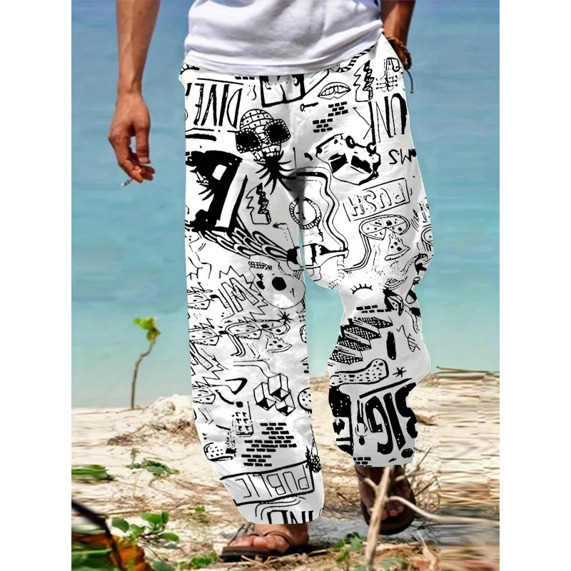 Men'S Summer Fashion Casual Pants 3D Cartoon Print Stretchy Drawstring Waist Breathable Comfort Suitable For Outdoor Activities