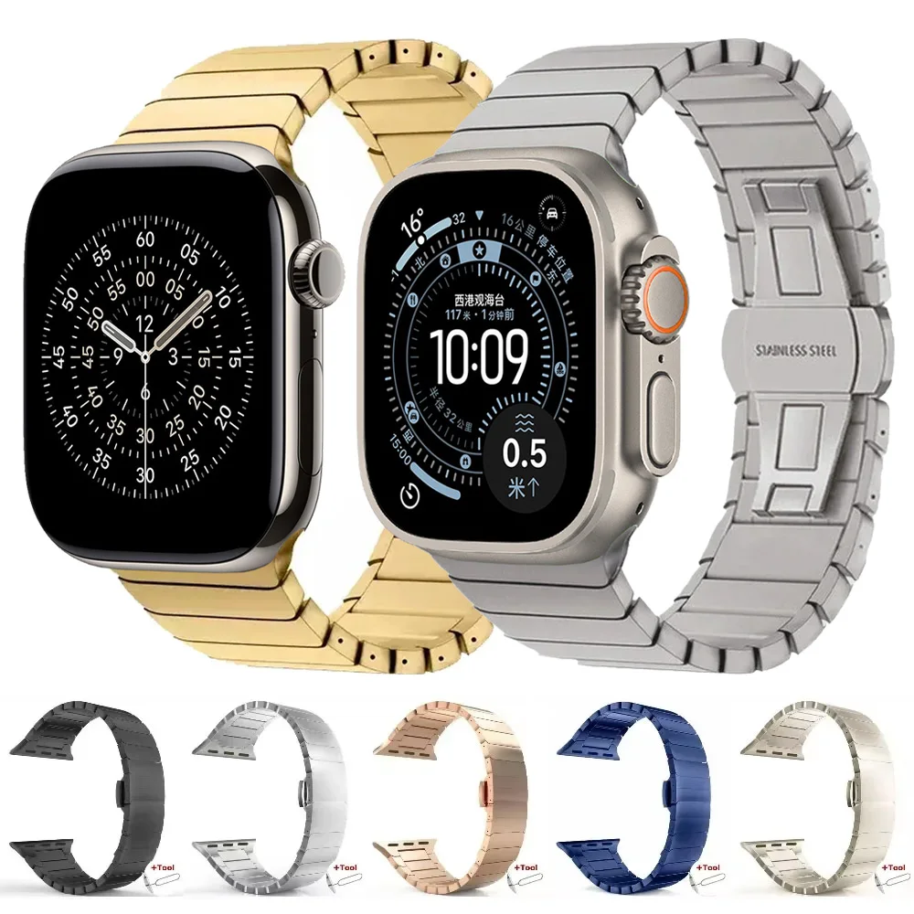 

Ремешок из нержавеющей стали для Apple Watch Ultra 3/2/1 49 мм, 11, 10, 46 мм, 42 мм, 45 мм, 41 мм, 44 мм, 40 мм, металлический браслет для iWatch 9, 8, 7, 6, 5, 4, SE