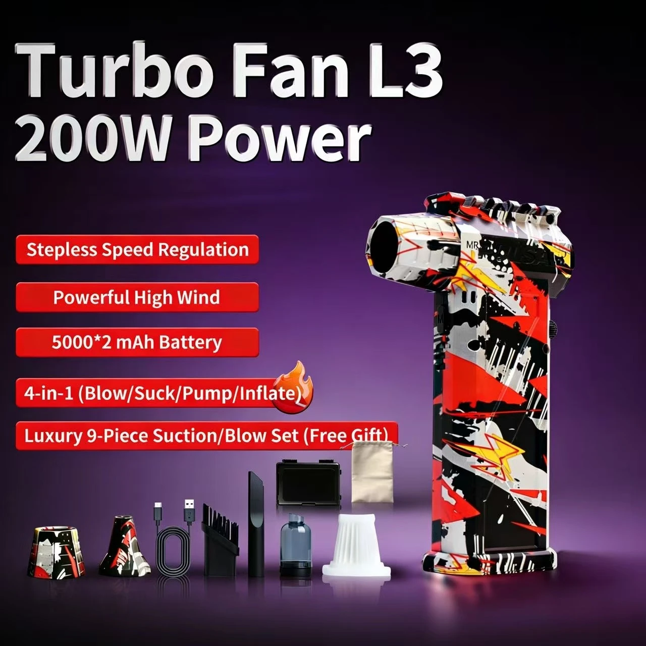 

Мощный вентилятор L3, 250000 об/мин, сильная воздуходувка и пылесос 53 м/с, перезаряжаемый турбоструйный вентилятор типа C