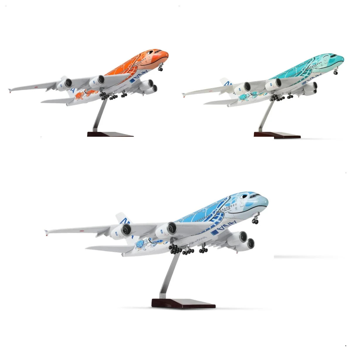 Modelo de Avión de 46 cm, A380, Aerolínea Japonesa Ana, Tortuga Marina, Resina Fundida a Presión, con Tren de Aterrizaje y Luz (Control Táctil o Sonido)