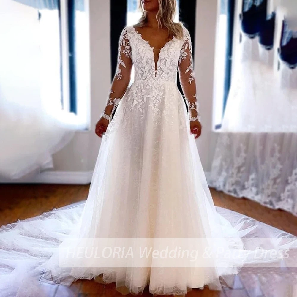 Elegant lace applique A line wedding dress long sleeve shinny skirt bridal dress Robe De Mariee Bride Dress