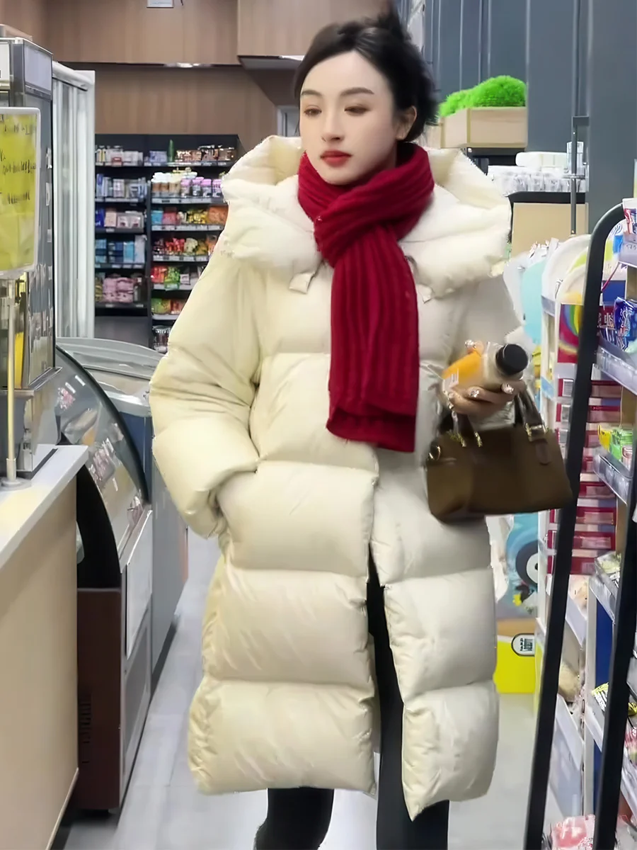 

Korean Sle Hooded Mid-Length Women's down Jaet 2025 Winter New Loose Slimming White Du down Thi Warm Outerwear