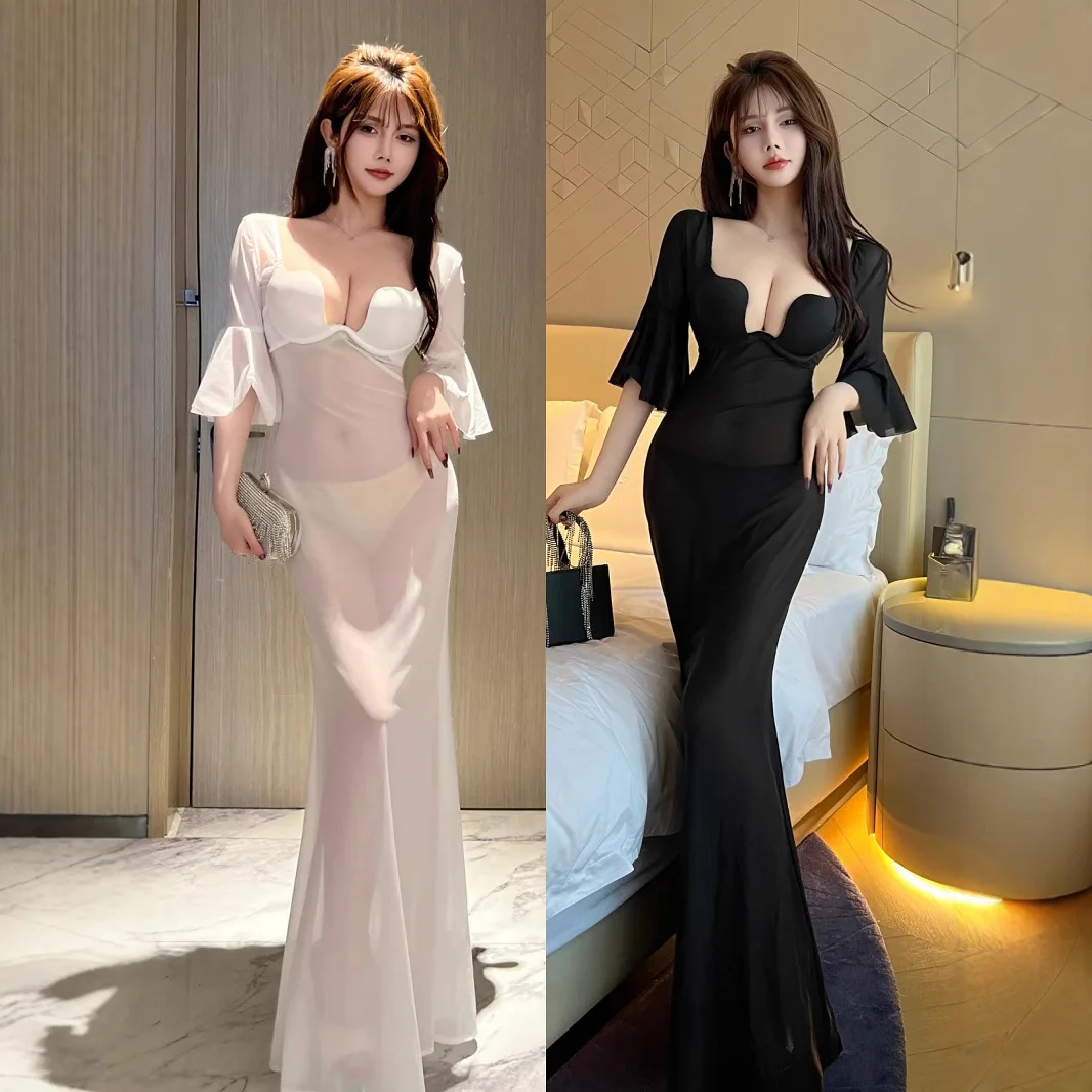 Sexy Low Cut U Cup mid Sve Long Dr for Night Market 25 Year New Sle Slim Fit Fi Tail Dr KTV Sauna orm