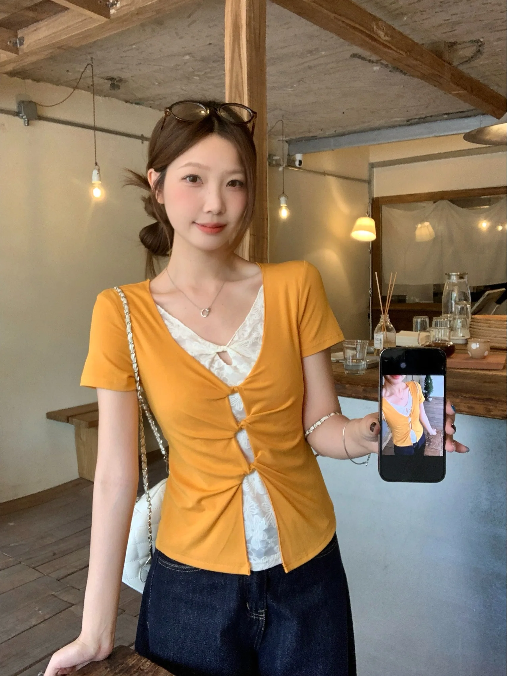 

plus Size Lace Short Sleeve T-Shirt Overhead Summer New Style Slimming Sexy Girl Style Korean Version Commute Style Women's Top