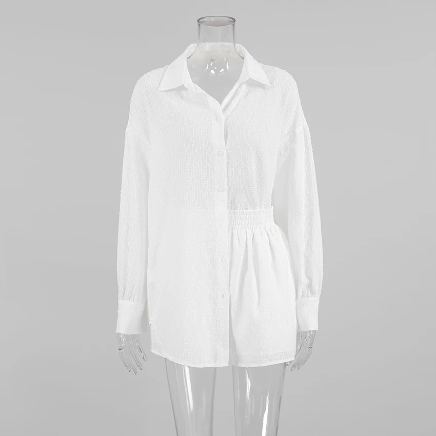 Conjunto informal de algodón de dos piezas para mujer, Blusa de manga larga con cuello vuelto, pantalones cortos de cintura elástica, traje de calle, conjuntos sueltos de 2 piezas