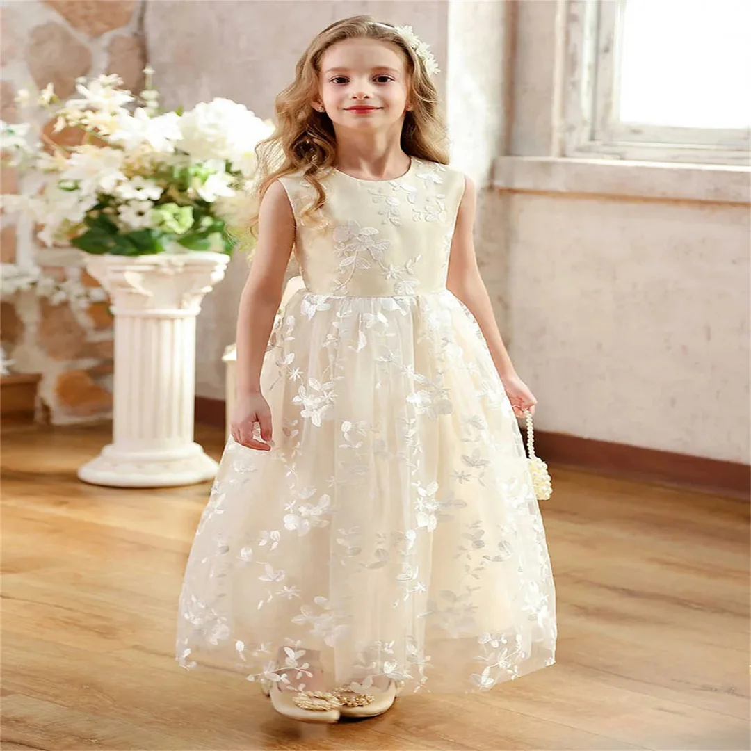 Vestido largo de tul con flores para niña, vestido recto con bordado de flores para niña, encaje, informal, elegante, sin mangas de princesa