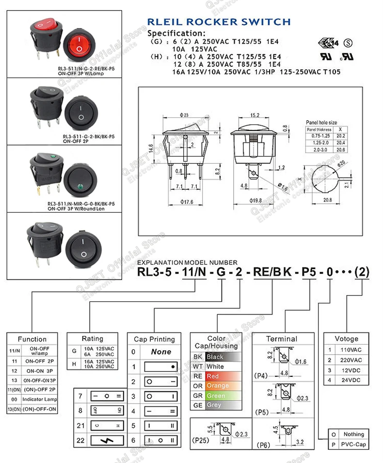 5 Stück KCD1 EIN-AUS-EIN 2/3/4-Pin 2/3-Positionen Einrastbarer 6A 220V Grüner Roter LED Runder Wippschalter für Haushalt DIY Ersatz – Detail 2