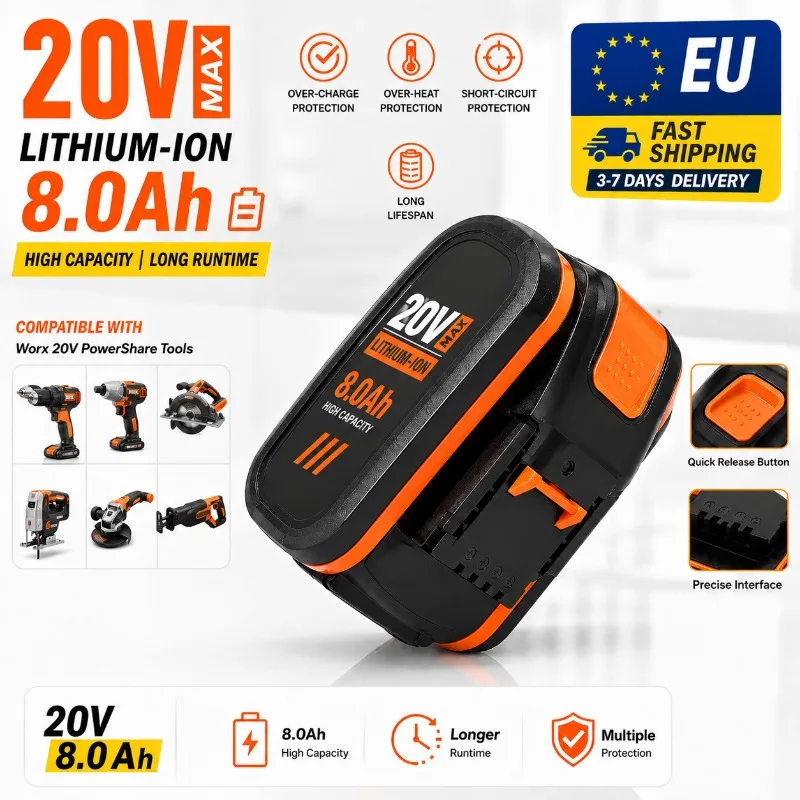Batterie de remplacement rechargeable Li-ion 8000mAh 20V pour outils sans fil WX390 WX176 WX166.4 WX372.1 WX800 WX678 WX550 WX532 WG894E WG629E WG329E, pack d'alimentation haute capacité, entrepôt UE Pologne, livraison rapide, sortie de puissance stable