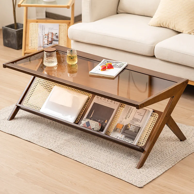 &c Simple Small Household Retro Rectangular Rattan Glass Coffee Table