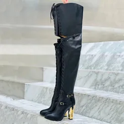 Markowa ozdoba z wydrążonymi klamrami na kolanach buty damskie 10cm wysoki obcas pokaz mody rozmiar butów 43 seksowne buty damskie