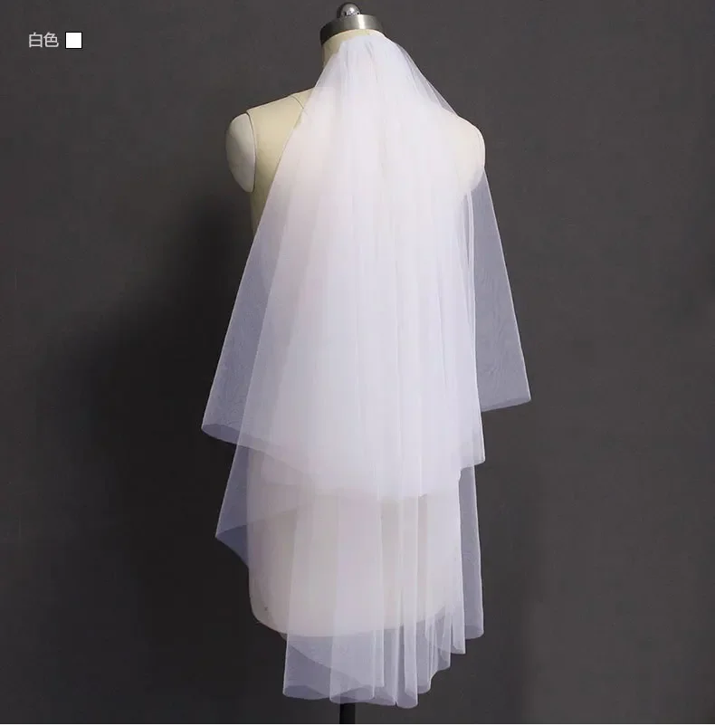 Véu de noiva curto de tule branco com duas camadas para noiva, acessórios de casamento com pente