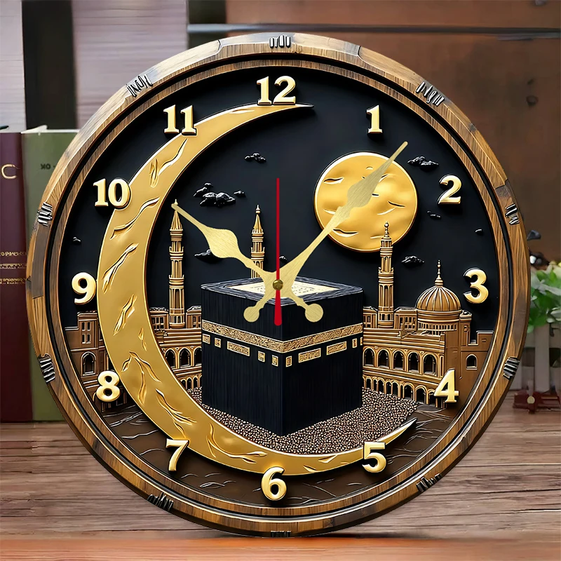 Black & Golden Kaaba Wooden Round Silent Hanging Wall Clock, Suitable For Living Room,Office,Study Room,Bedroom, Home Decoration