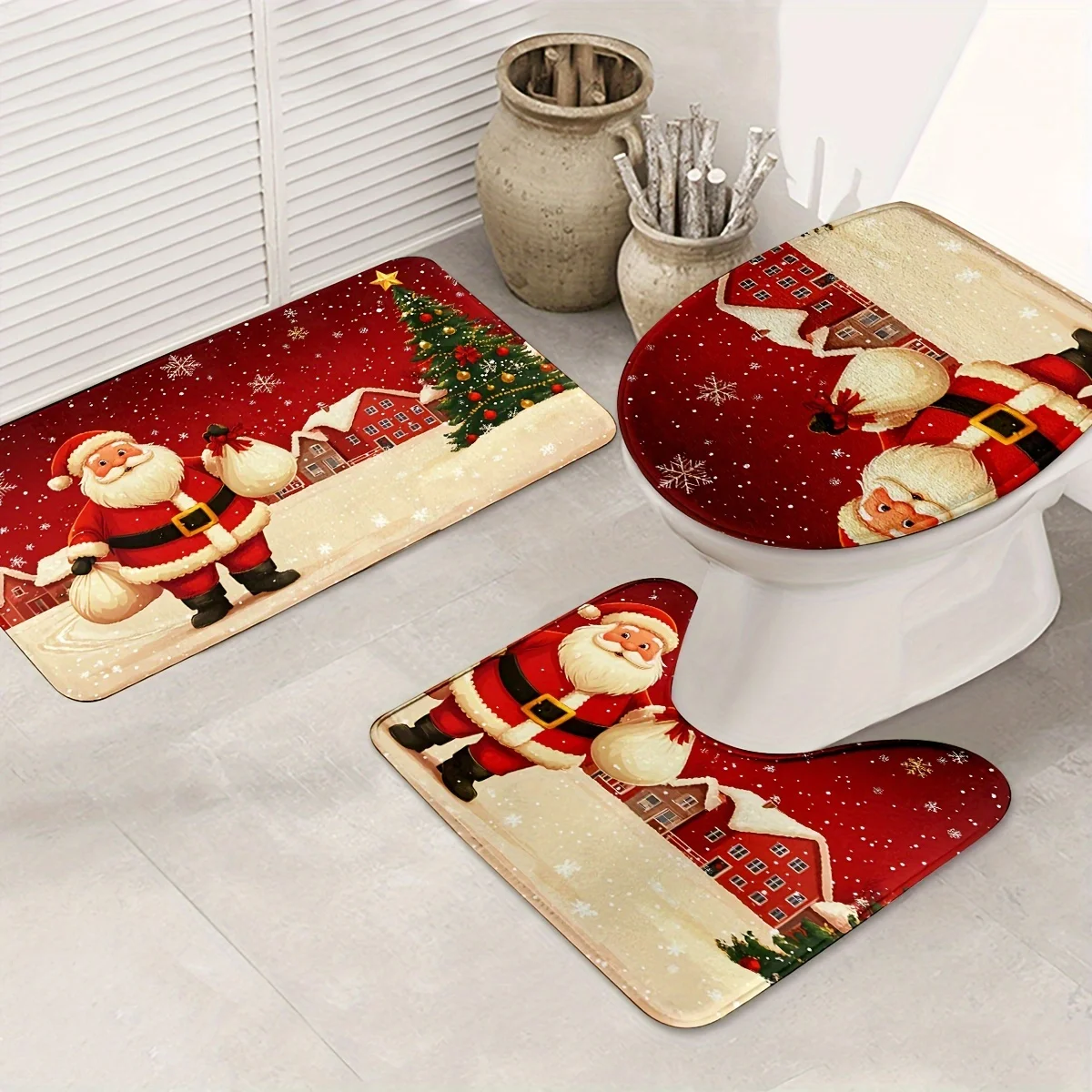 

3pcs Santa Claus Christmas Tree Bath Mat Set with Toilet Lid Cover + U-Shaped Floor Mat, Non-Slip Washable Knit Polyester