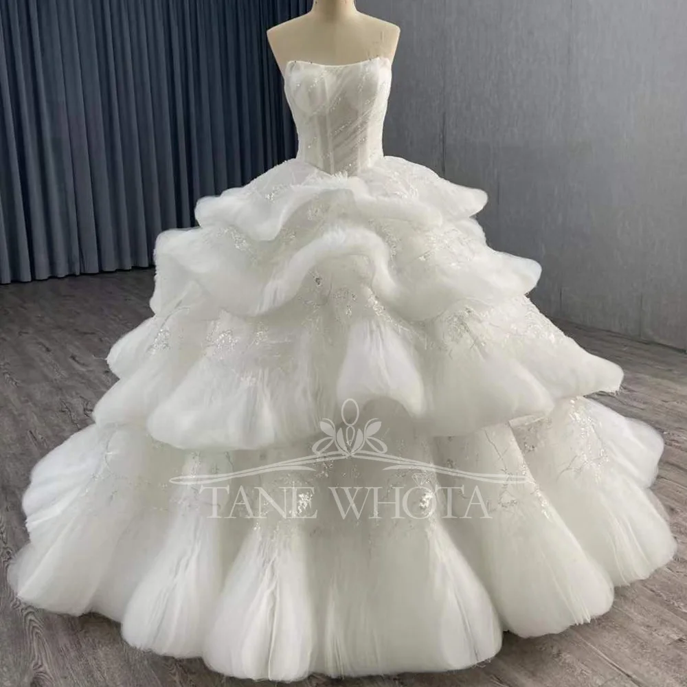Gorgeous Wedding Dress Strapless Sleeveless Lace Up Back Sequined Tiered Bridal Dress