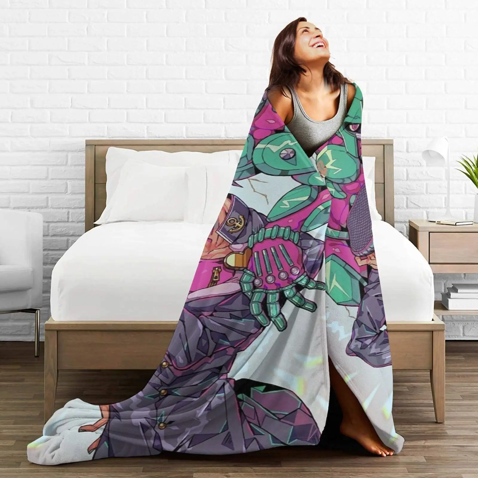 Jojo Anime Cozy Soft Flannel Blanket, Popular Cartoon Character Warm Throw Blanket For Living Room,Gifts for Fans,Friends, Girls