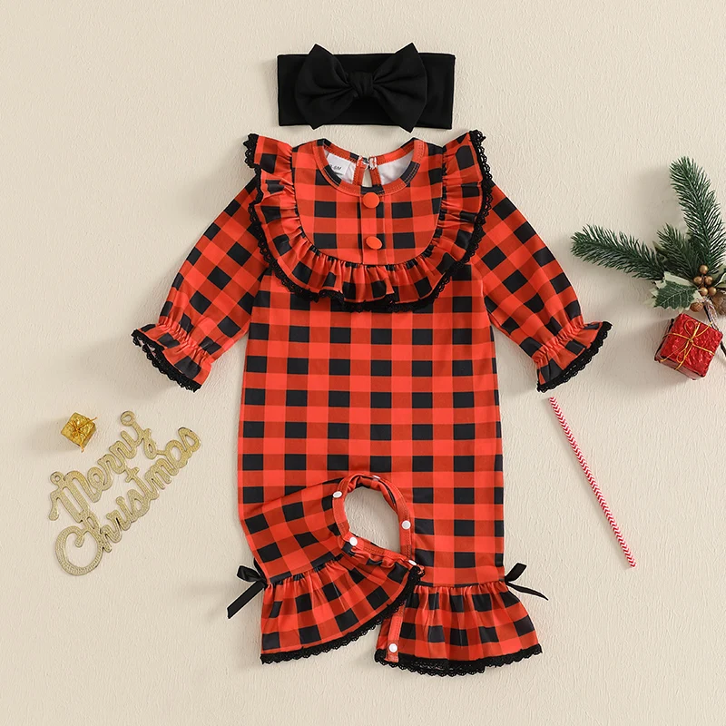 

Toddler Girl 2-Piece Christmas Set Red Plaid Romper with Matching Bow Headband Infant Holiday Outfit Clothes