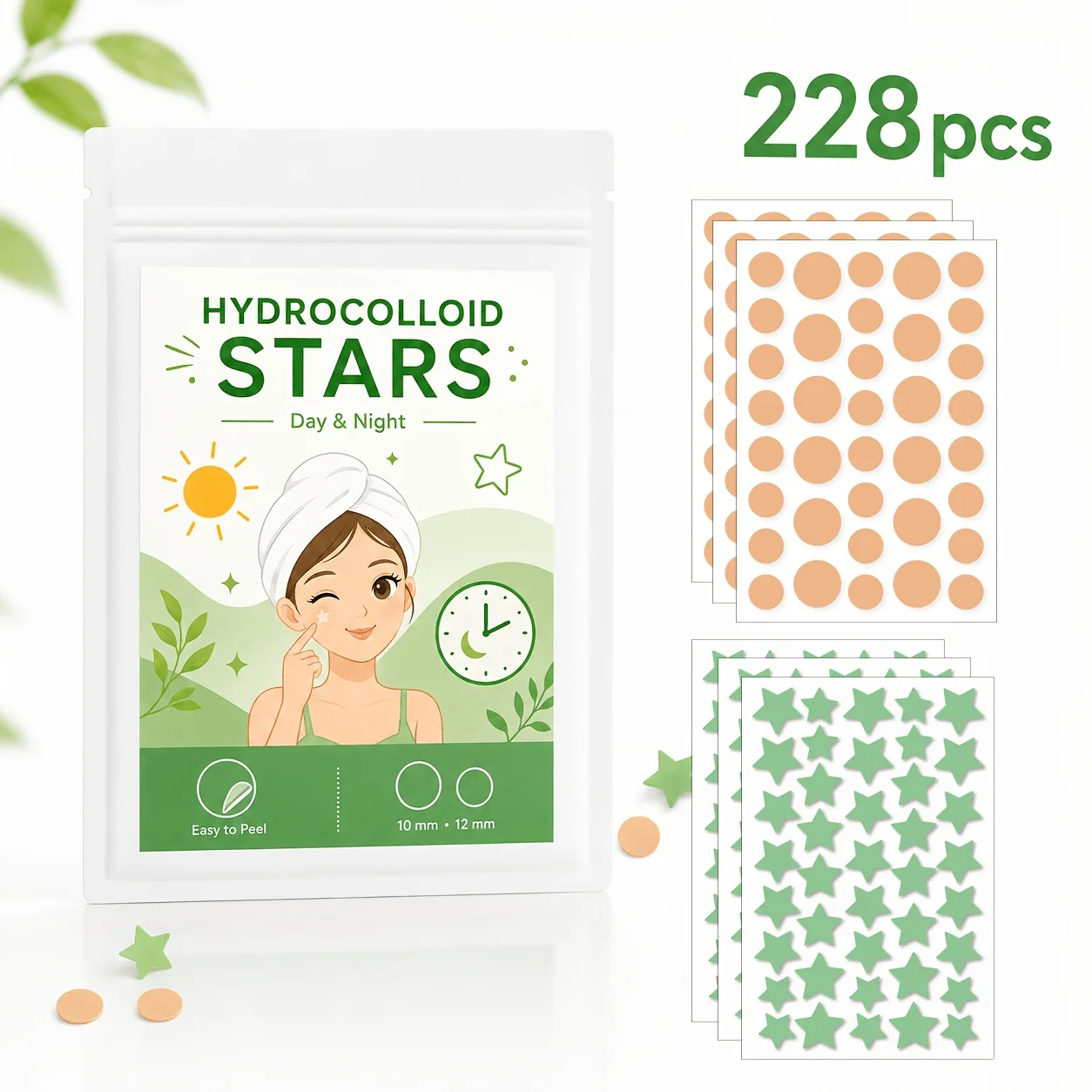 228PCS Hydrocolloid Pimple Patches, Green Star & Skin Tone Round Face Stickers for Men Women, Day Night Party Use