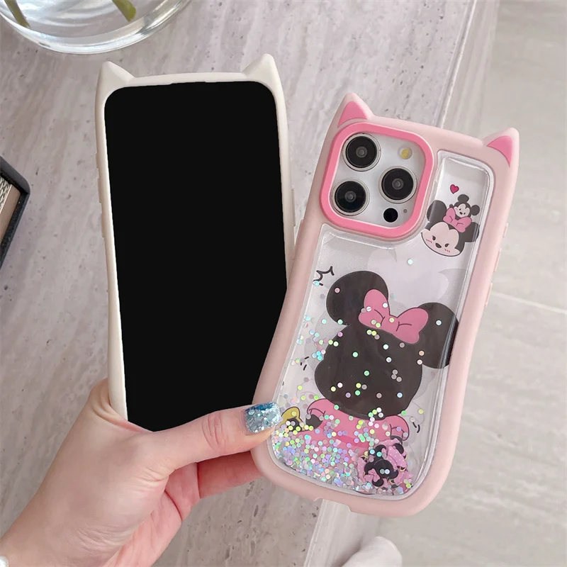 Zabawne etui na telefon Mickey Minnie Quicksand Bling Glitter do iPhone'a 15 14 13 12 Pro Max Disney Back Shadow Cat Ears Cover