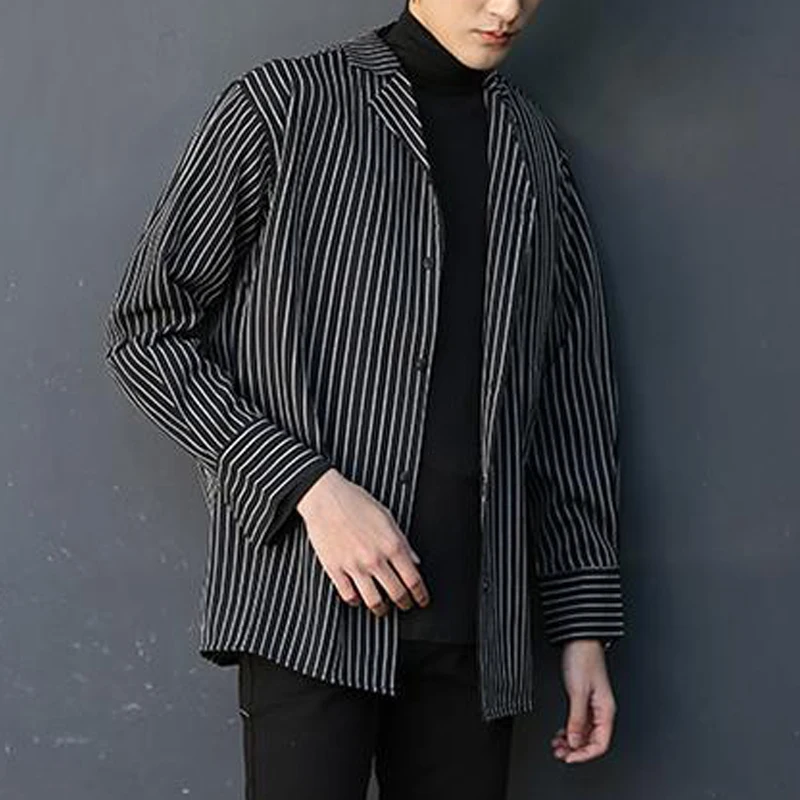 Men\'s Clothing Autumn Korean Striped Oversized Long Sleeve Shirt Trendy Casual Streetwear Handsome Design Tops Camisa Masculina