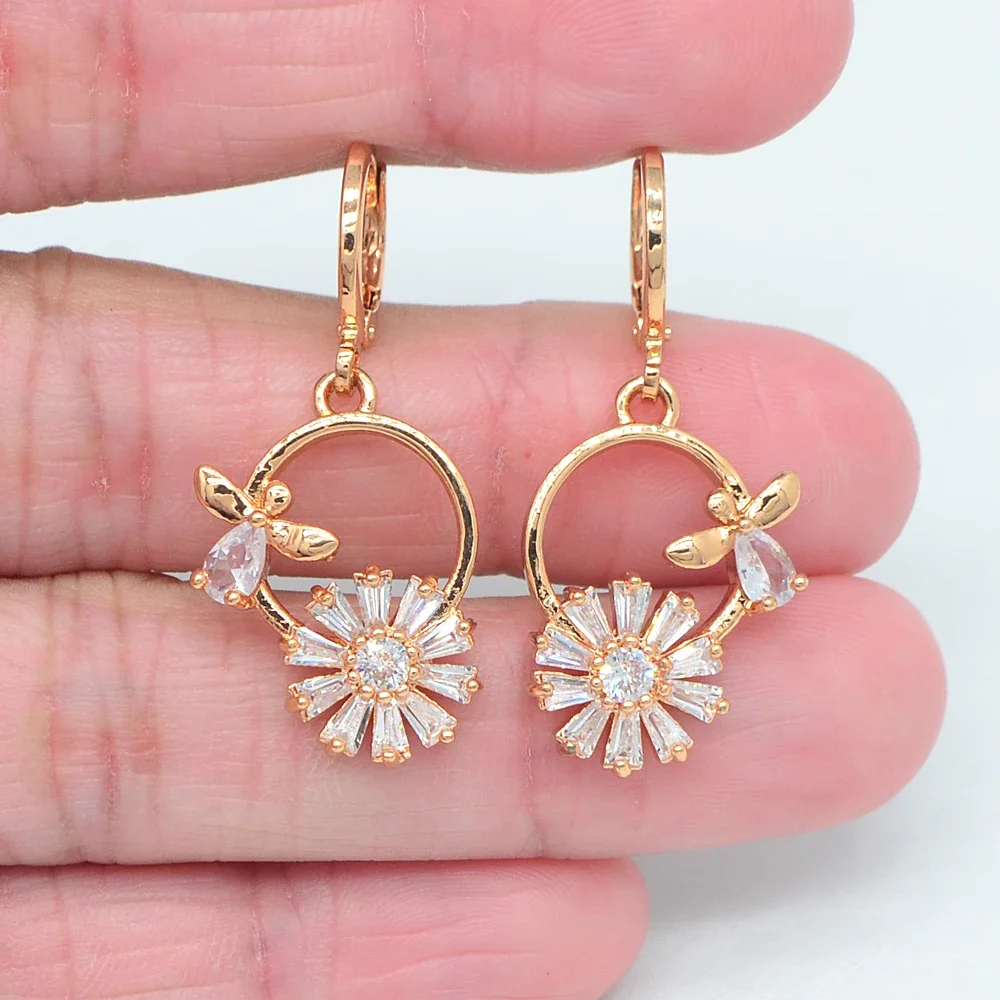 Gold Color Women Lovely Pink Zircon CZ Round Bowknot Dangle Earrings Jewelry