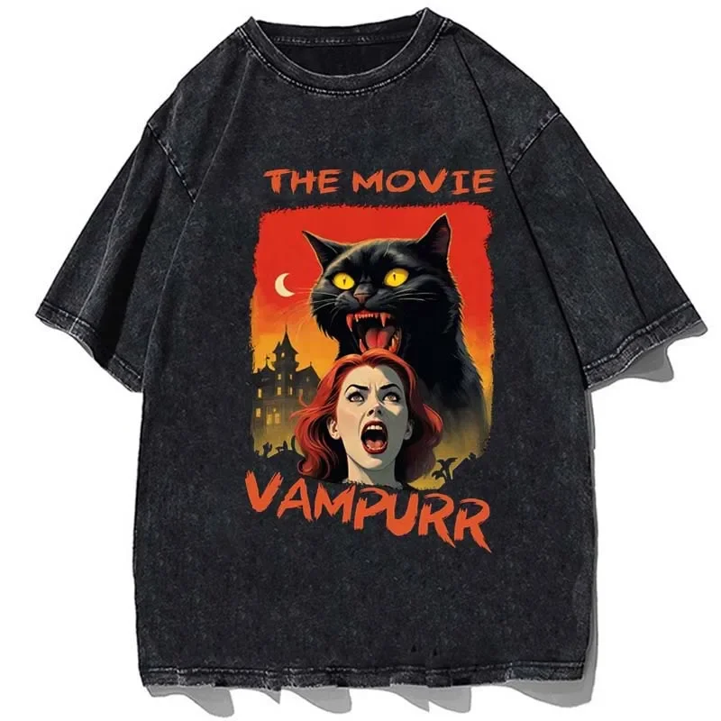 O Retorno de Vampurr T-shirt de algodão estampado gráfico masculino, O Neck Tops, Vintage Lavado, Oversize, Alta Qualidade