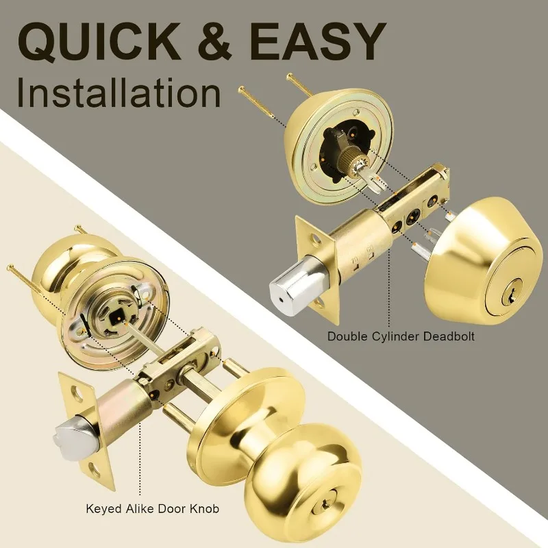 2025  (Keyed on Both Side)  6 Pack Classic Polished BrassCombo Pack, Keyed Alike Door Lockset for Front and Exterior Door