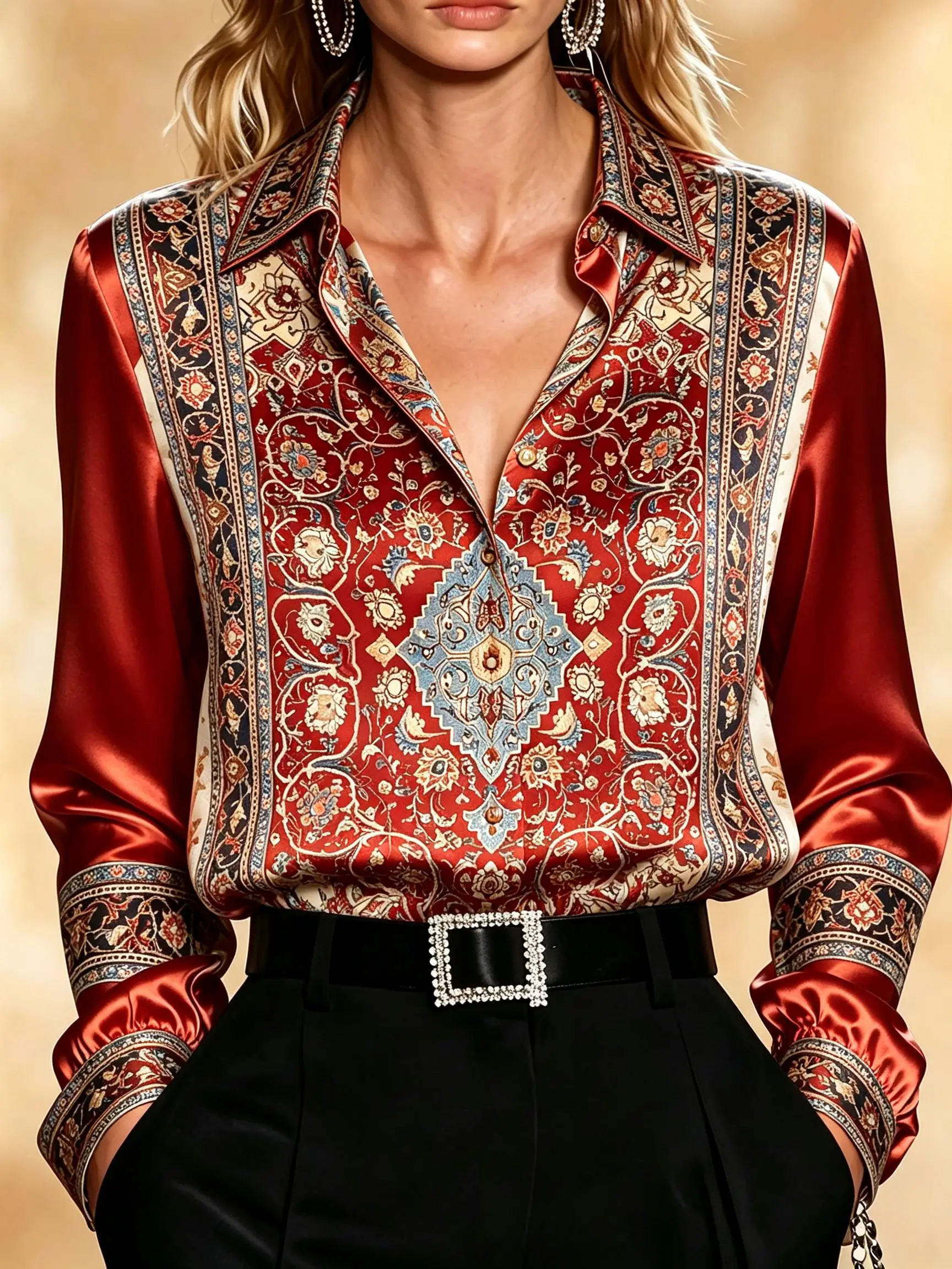 Women Vintage Scarf‑Style Oriental Floral Border Print Turn‑down Collar Long Sleeve Button Front Loose Fit Blouse Top