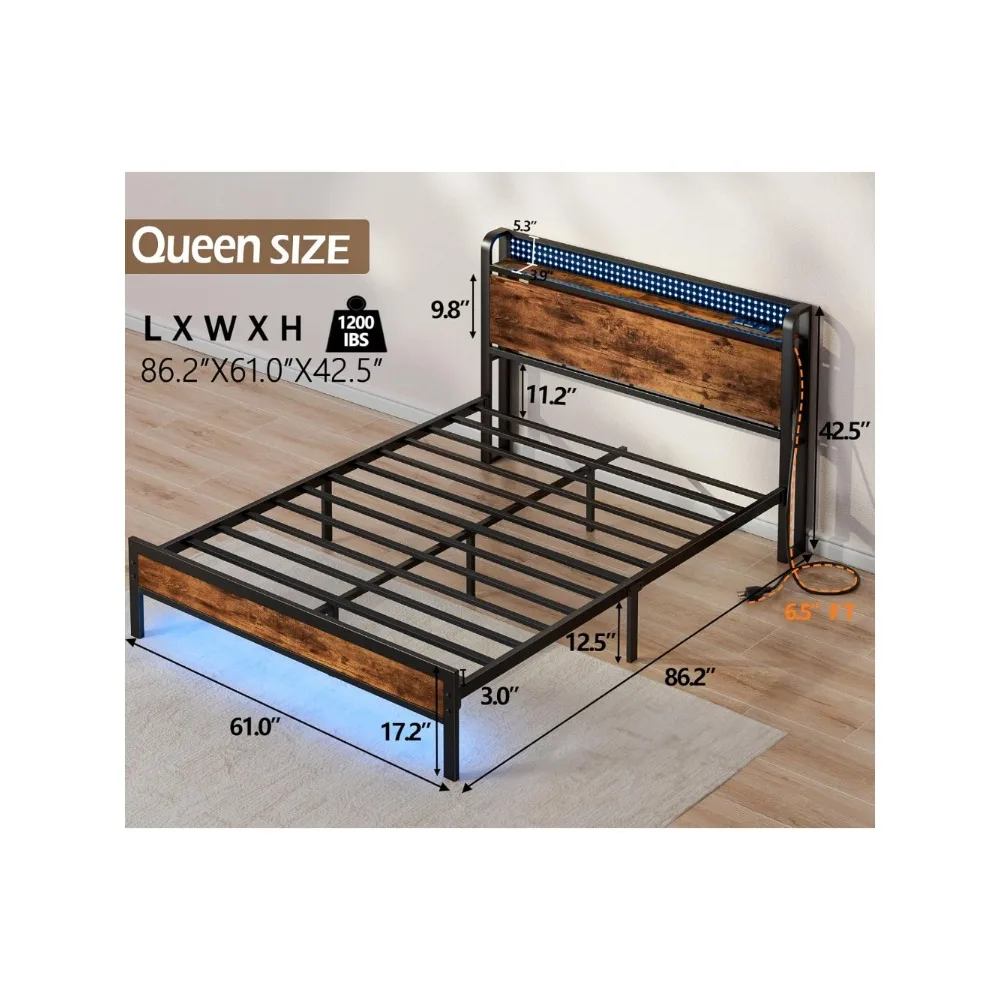 

Queen Bed Frame with Charging Station and LED Lights,Industrial Platform Beds Queen Size with Storage Headboard
