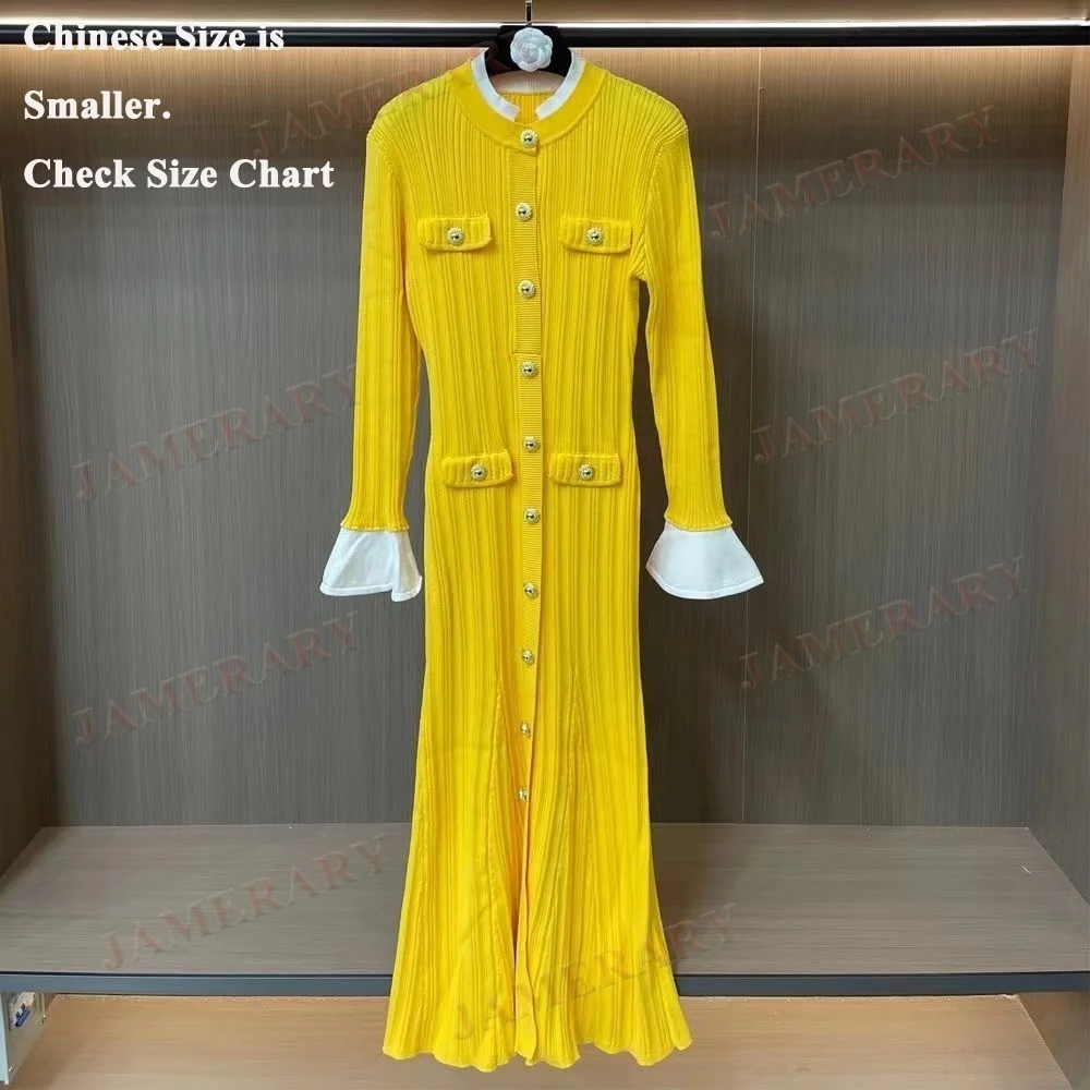 Vestidos largos tejidos de manga larga para primavera y otoño, vestido tubo de punto con cinturón y botones dorados de un solo pecho para mujer