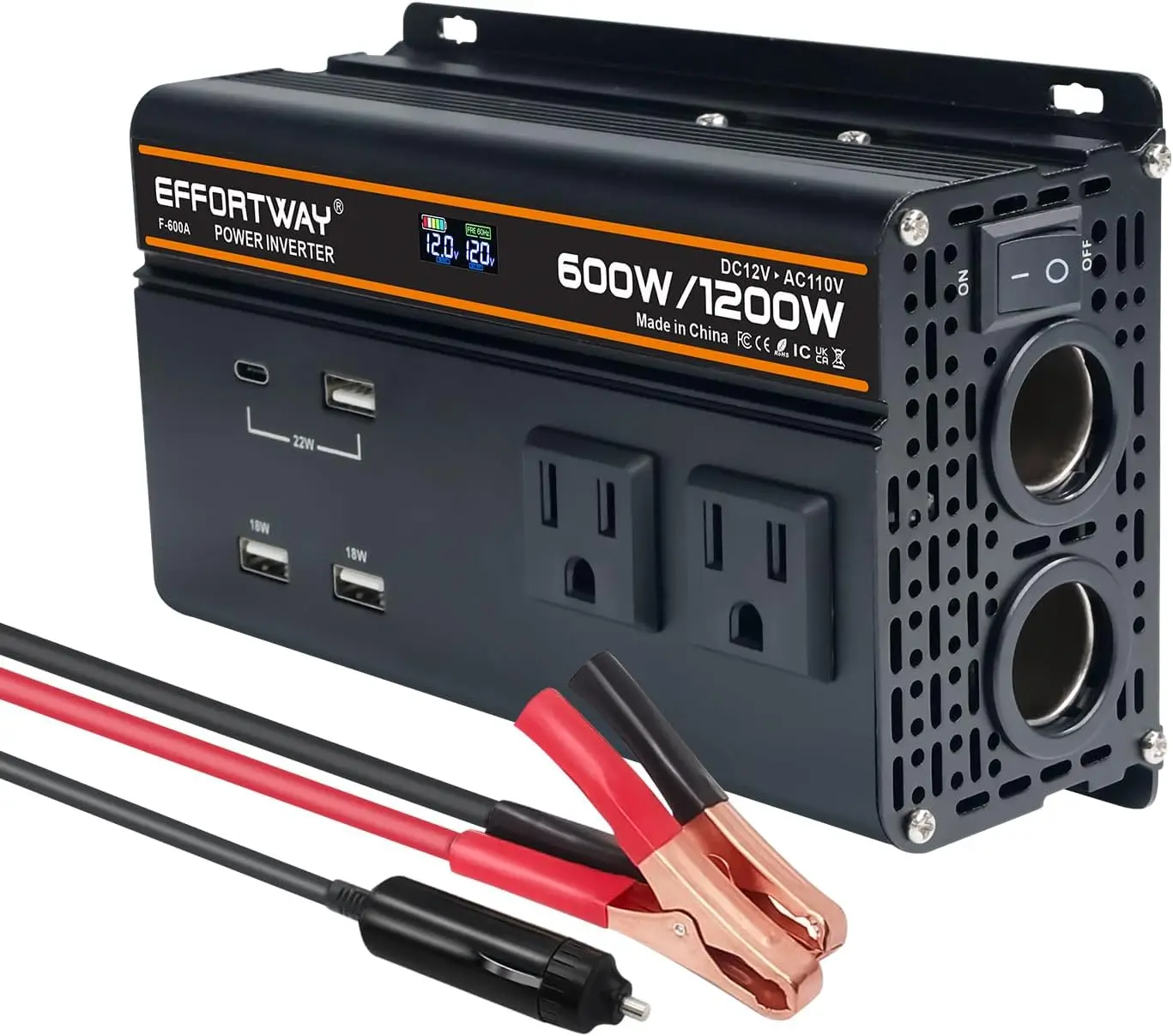 

600W Power Inverter 12V to 110V/120V, 1200W Peak, 2 AC Outlets, 3 USB & Type-C, Cigarette Lighter Ports for Devices