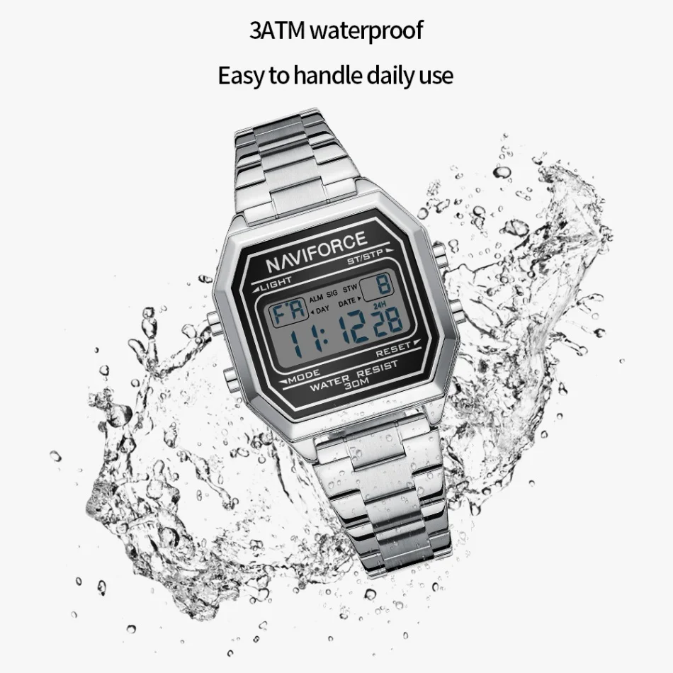 

NAVIFORCE элегантные женские электронные часы со светящимся режимом, светодиодная лампа 3ATM, водонепроницаемый ремешок из нержавеющей стали, дисплей даты, роскошные часы
