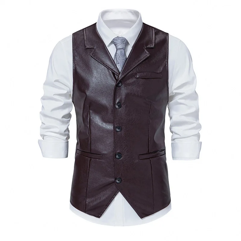 #4851 Spring Autumn Sleeveless Faux Leather Waistcoat Men Suits Collar Single Breasted PU Leather Men's Vest Streetwear Dance