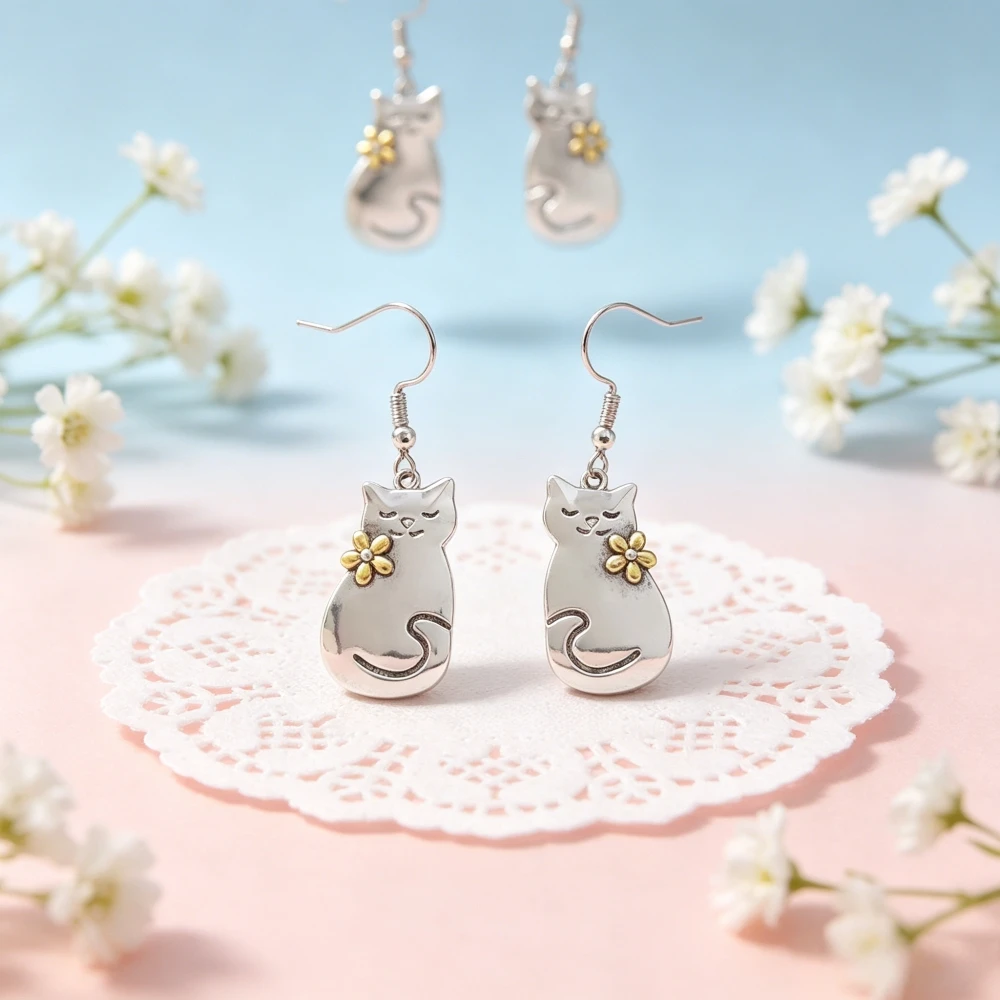 Katzen-Blumen-Ohrhänger: Design mit faulen, geschlossenen Augen eines Kätzchens, dreidimensionale goldene Blumenakzente, hochglanzpoliert, hypoallergen