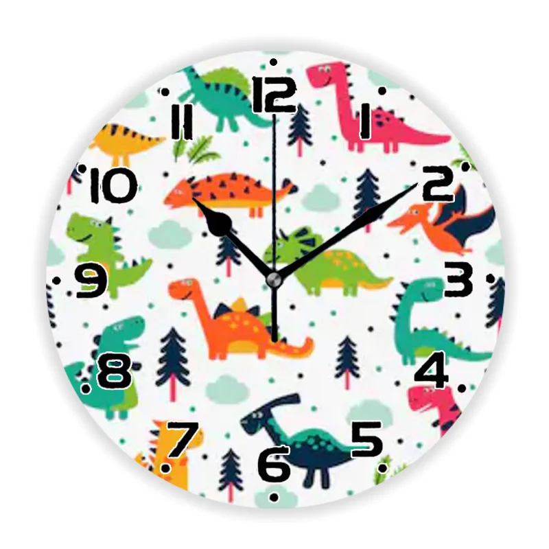 Nordic Scandinavian Cartoon Dinosaur Pattern Wall Clock for Kid Childish Boy Girl Dino Wall Watch Nursery Decor Baby Shower Gift