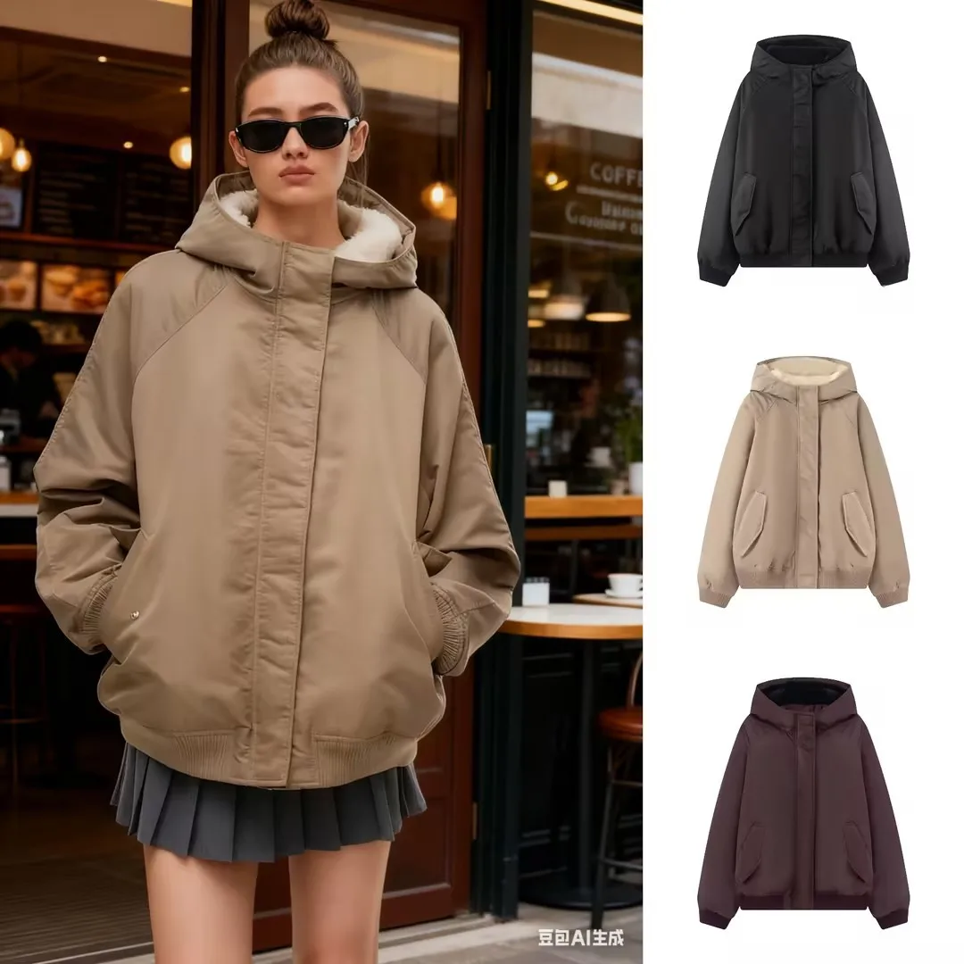 

Winter New Fashion Hooded Women Casual Coat Versatile Solid Color Female Thick Warm Pilot Jacket