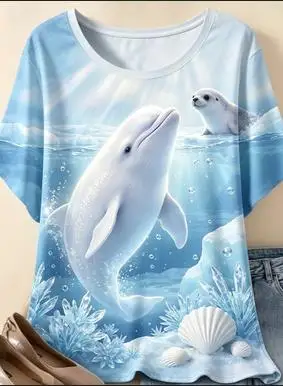 Women Beluga Seal Arctic Ocean Animal Print T‑Shirt Short Sleeve Crew Neck Casual Loose Summer Daily Tops