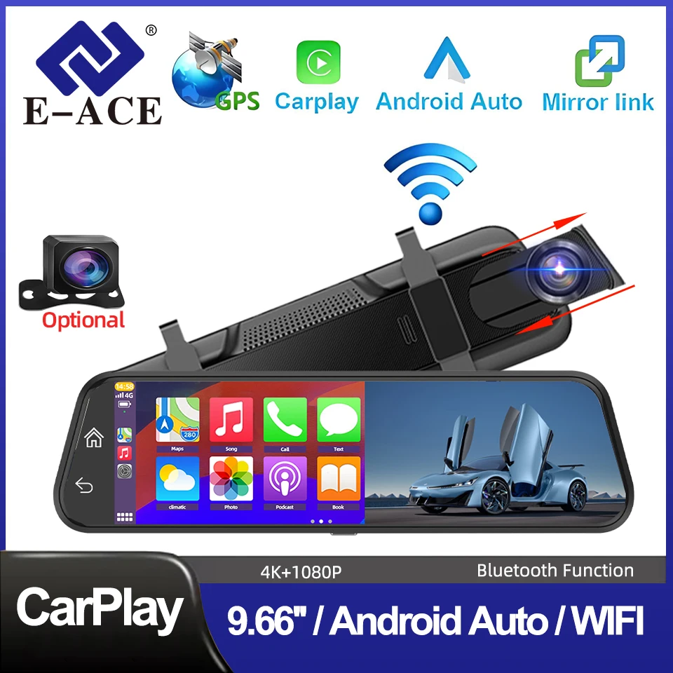 E-ACE 9.66 "4K سيارة أندرويد Carplay شاشة تعمل باللمس واي فاي FM الصوت مشغل ستيريو كاميرا BT HD MP5 Autoradio اختياري 1080P كاميرا خلفية