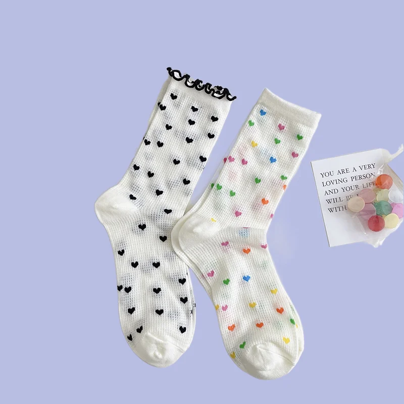 5 Paar hochwertige Frauen mehrfarbige Tupfen Socken dünne hohle atmungsaktive weiße weibliche Socken süße Frauen Rüschen Frauen Socken