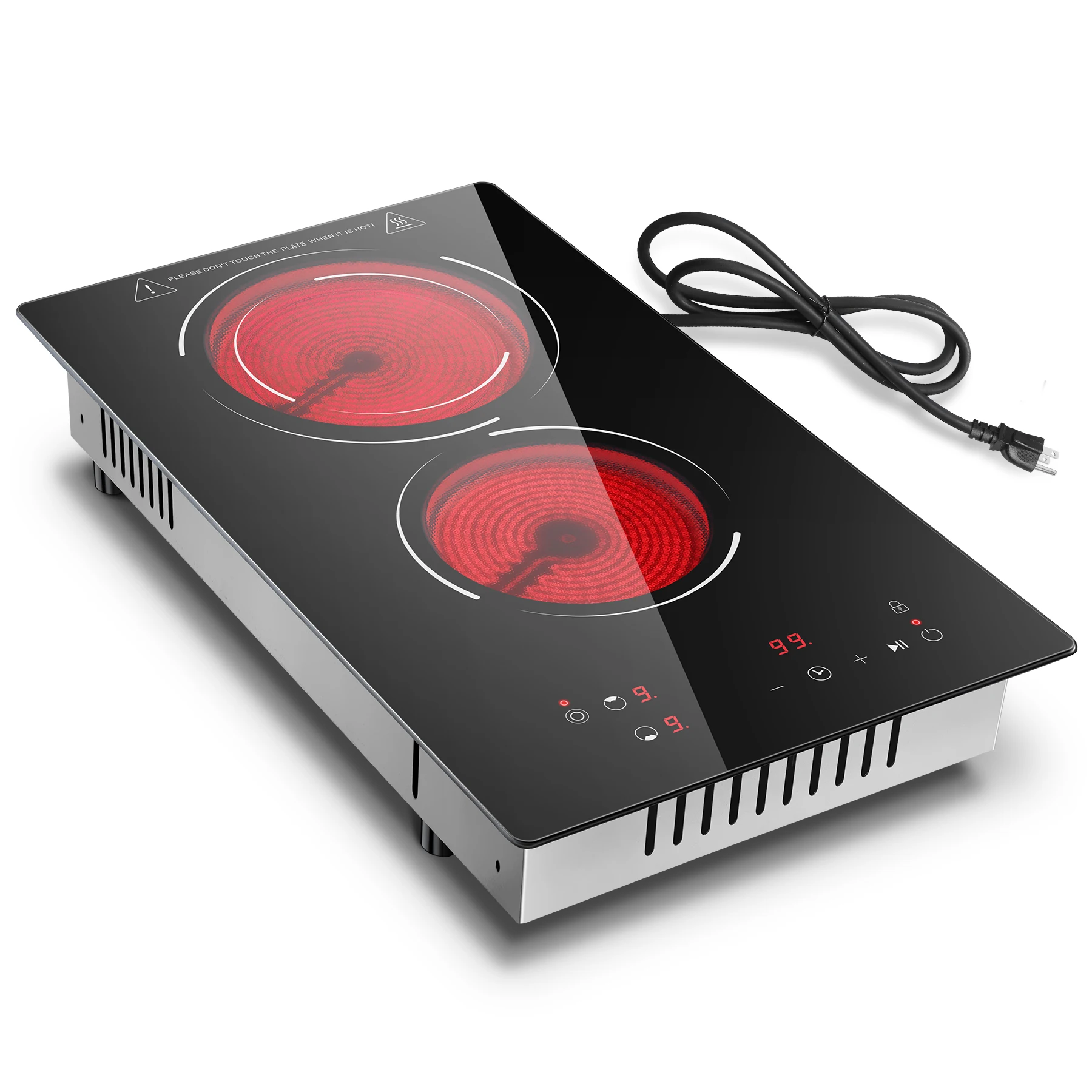 

12" 2 Burner Electric Cooktop 1800W, 110V Plug-in, Dual-Ring, Touch Control, Child Lock
