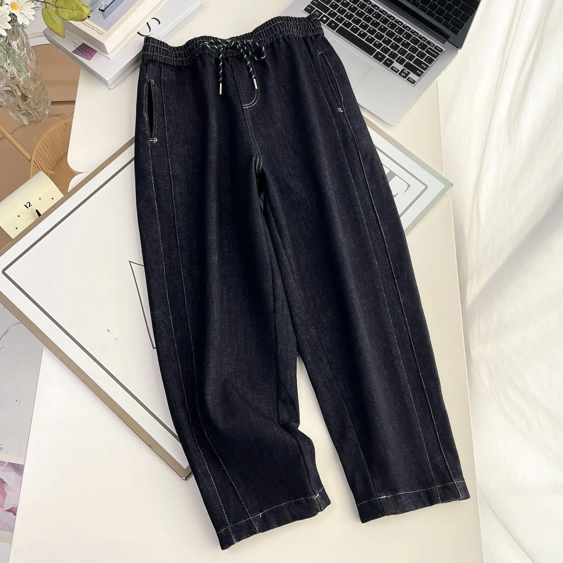 XXXL moda de talla grande Jeans de mujer 2025 invierno nuevo estilo Simple polar cálido y pantalones vaqueros gruesos hasta el tobillo Harem 5423