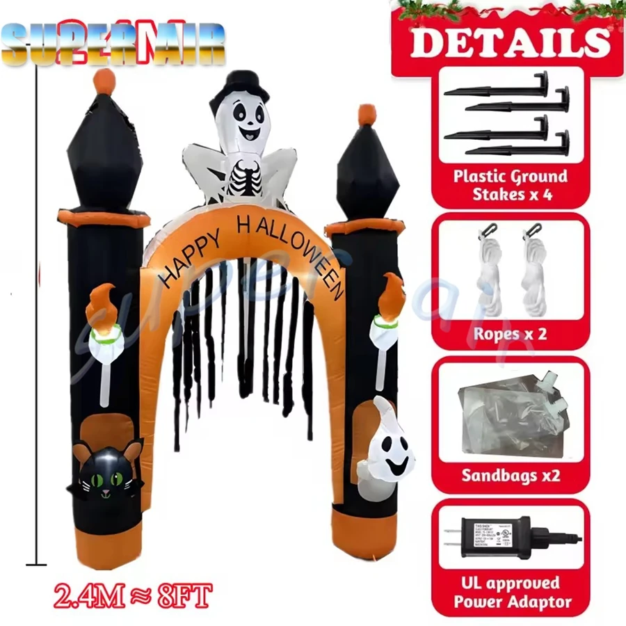 Arco inflable de Halloween/modelo de gato calabaza con decoración grande y ligera para exteriores, adorno de vacaciones, accesorio para patio