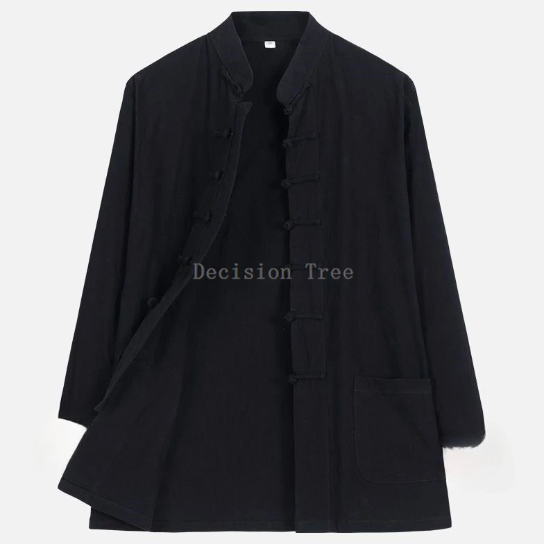 2024 autumn cotton and linen chinese style men's long sleeve tang suit jacket retro pan buckle lay hanfu martial arts casual top