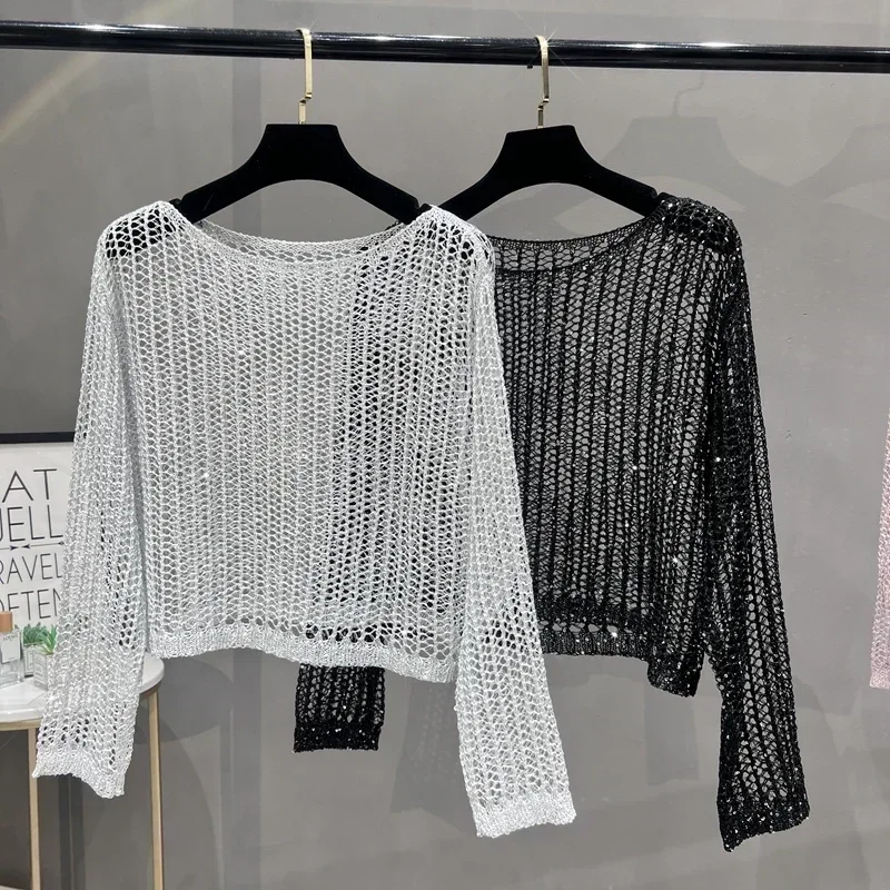 

European and American Style 2025 New Style Hollow Sexy Sequined See-through Sweater Thin Pullover Versatile Outer Top for Women