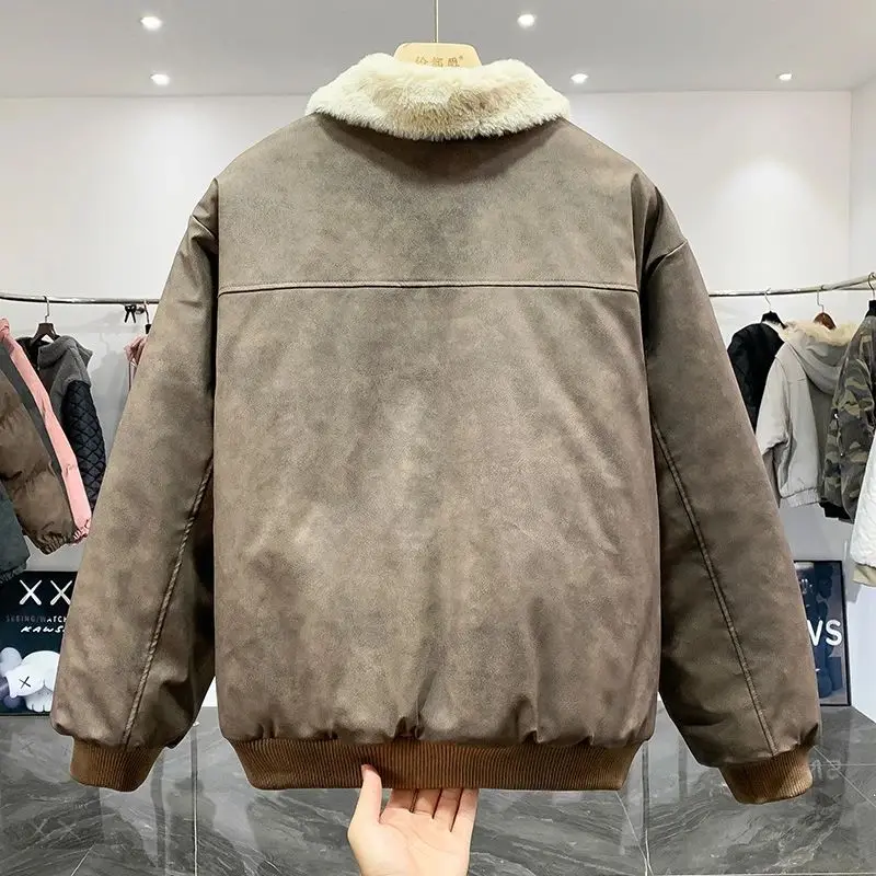 2025 New Faux Shearling Collar Vintage Jacket Men Winter Thick Warm Padded Coat American Style Workwear Cotton Outerwear