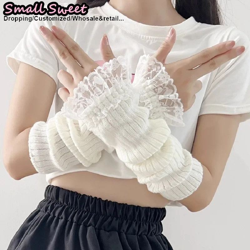 تنوعا y2k الفتيات لوليتا jk القوط المرأة محبوك غطاء الأكمام نصف إصبع الغزل مدفئات للذراع المعصم الأصفاد الدانتيل تكدرت قفازات