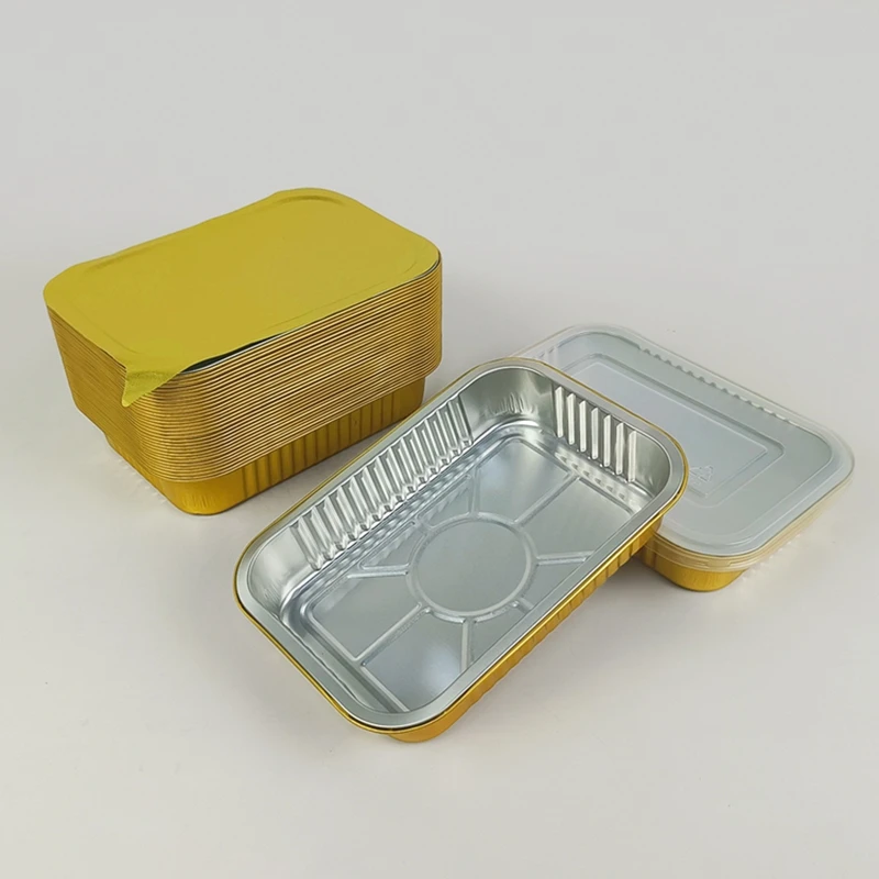 10pcs Gold Aluminum Foil Container 580ml Rectangular Disposable Baking Pan With Lid Thickened Oven Safe Tray Takeaway Box Party