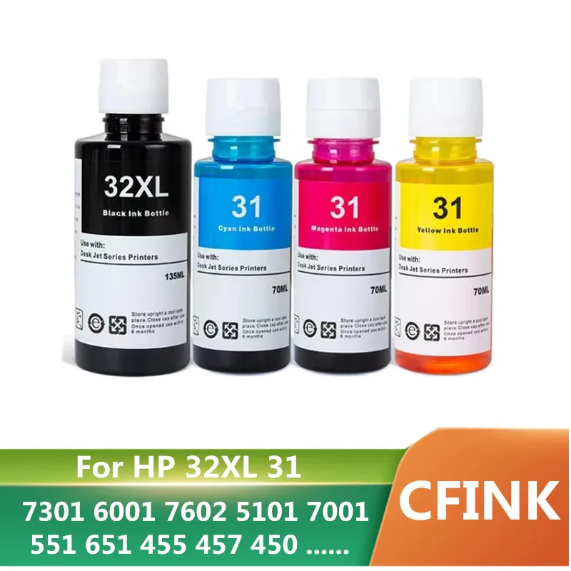 1pc Ink Bottles Compatible With 31 32XL Refill Dye Ink Suitable For HP 7301 6001 7602 5101 7001 551 651 455 457 450 Printer Fil